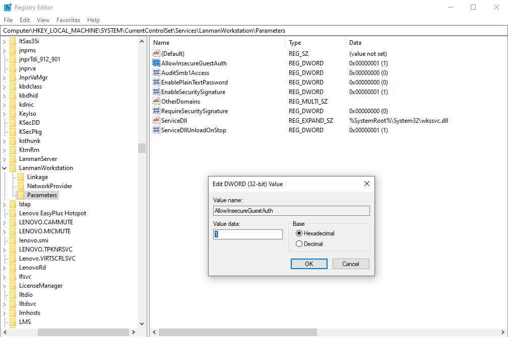 Registry Editor AllowInsecureGuestAuth